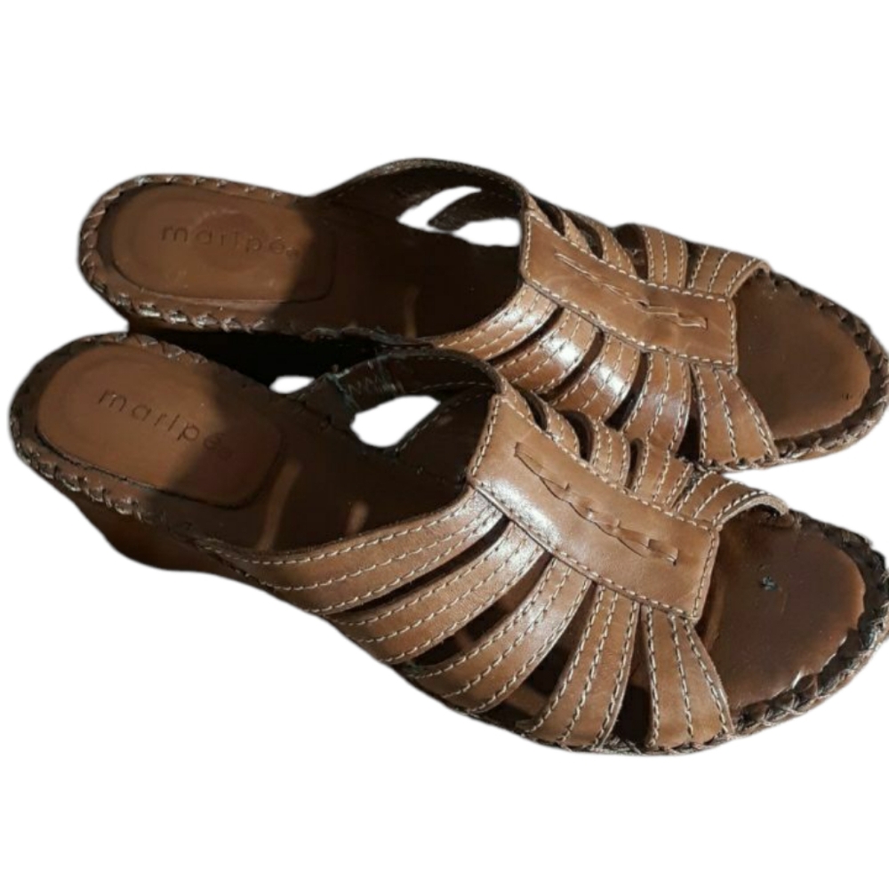 🛍Maripe brown leather Strappy slip-on heel sandals size 8